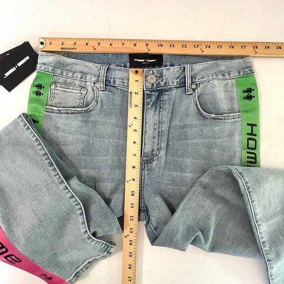 Homme + Femme NEW Tesla Skinny Blue Jeans Sz 38 Green Pink Gradient Logo Ribbon - Picture 6 of 8